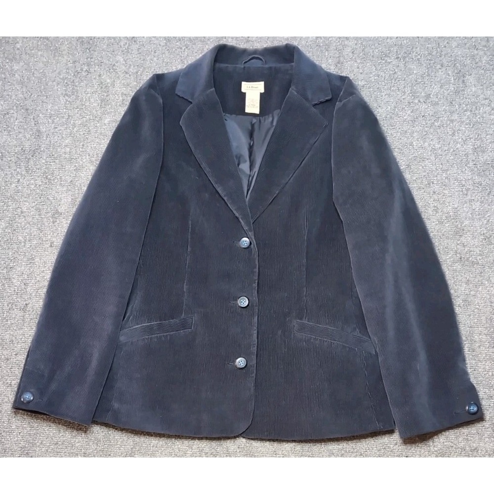 LL Bean Blazer Womens 12 PETITE Blue Corduroy Button Front Lined Jacket Classic